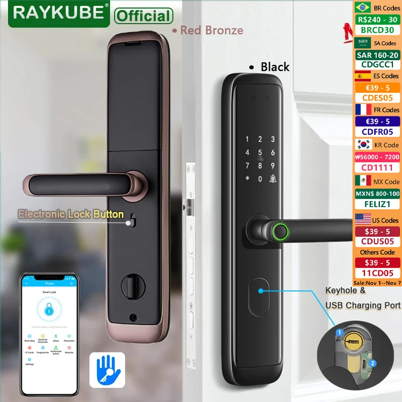 

RAYKUBE Z4 Advanced TT Lock Bluetooth Electronic Smart Door lock Fingerprint Intelligent Lock with 6068 Electronic Mortise Lock