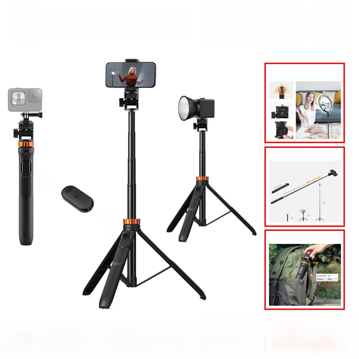 K&F CONCEPT Statyw do selfie 69 cali, rozkładany statyw oświetleniowy, pilot do telefonu, mini statyw do kamery sportowej DJI OSMO Pocket 3 — zdjęcie produktu 7