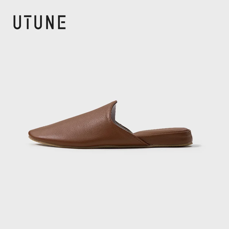 UTUNE Premium Genuine Leather Slippers for Men and Women Minimalist Style Soft Anti-Slip Sole Comfortable Indoor Home Slides