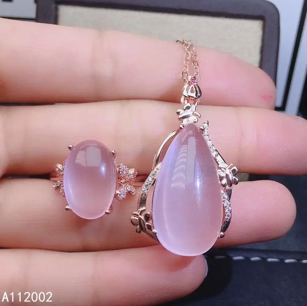 

Boutique Jewelry 925 Pure Silver Plated Rose Gold Inlaid Natural Pink Crystal Hibiscus Stone Ring Pendant Set, Gift for Girlfrie