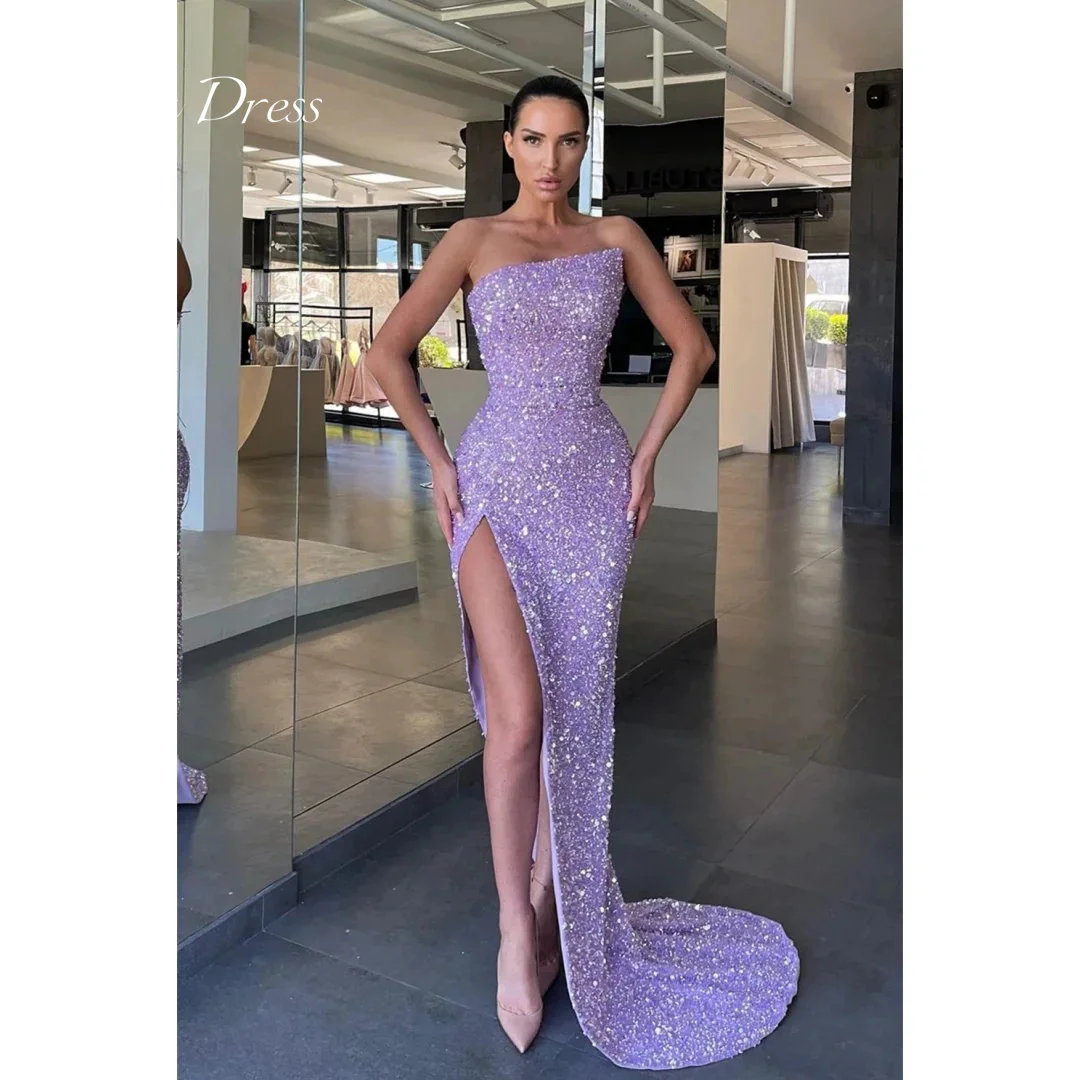 

Anna Strapless Graduation Dresses Woman Sequins Elegant Dresses for Women Gala Party Dress Fish Tail Lavender Color Side Slit