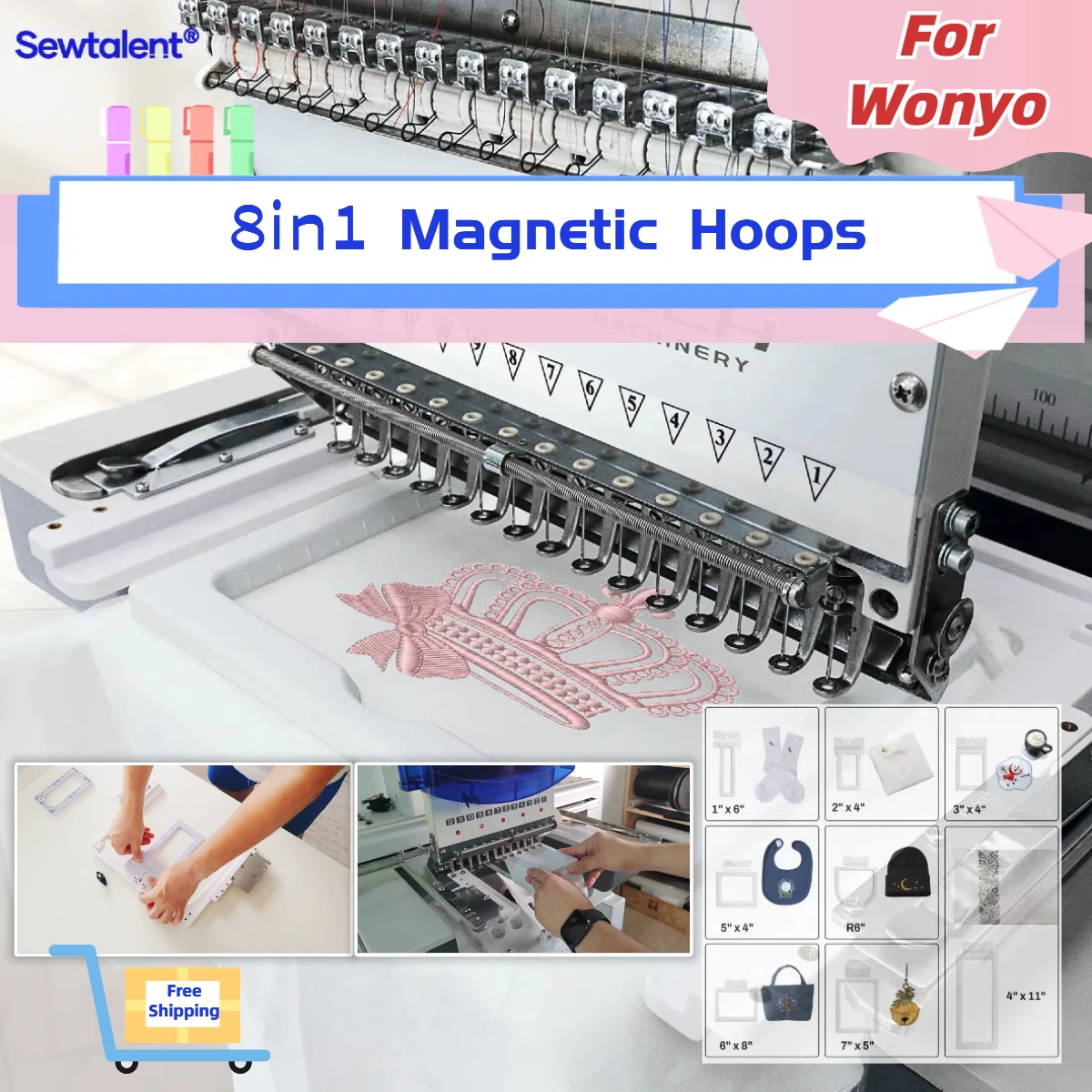 WONYO Magnetic embroidery Hoop Kit For WY-12 needle machines 1201 1202 Sewtalent 8in1 Magnetic Fast Magna Hoop Kit Mighty Hoop