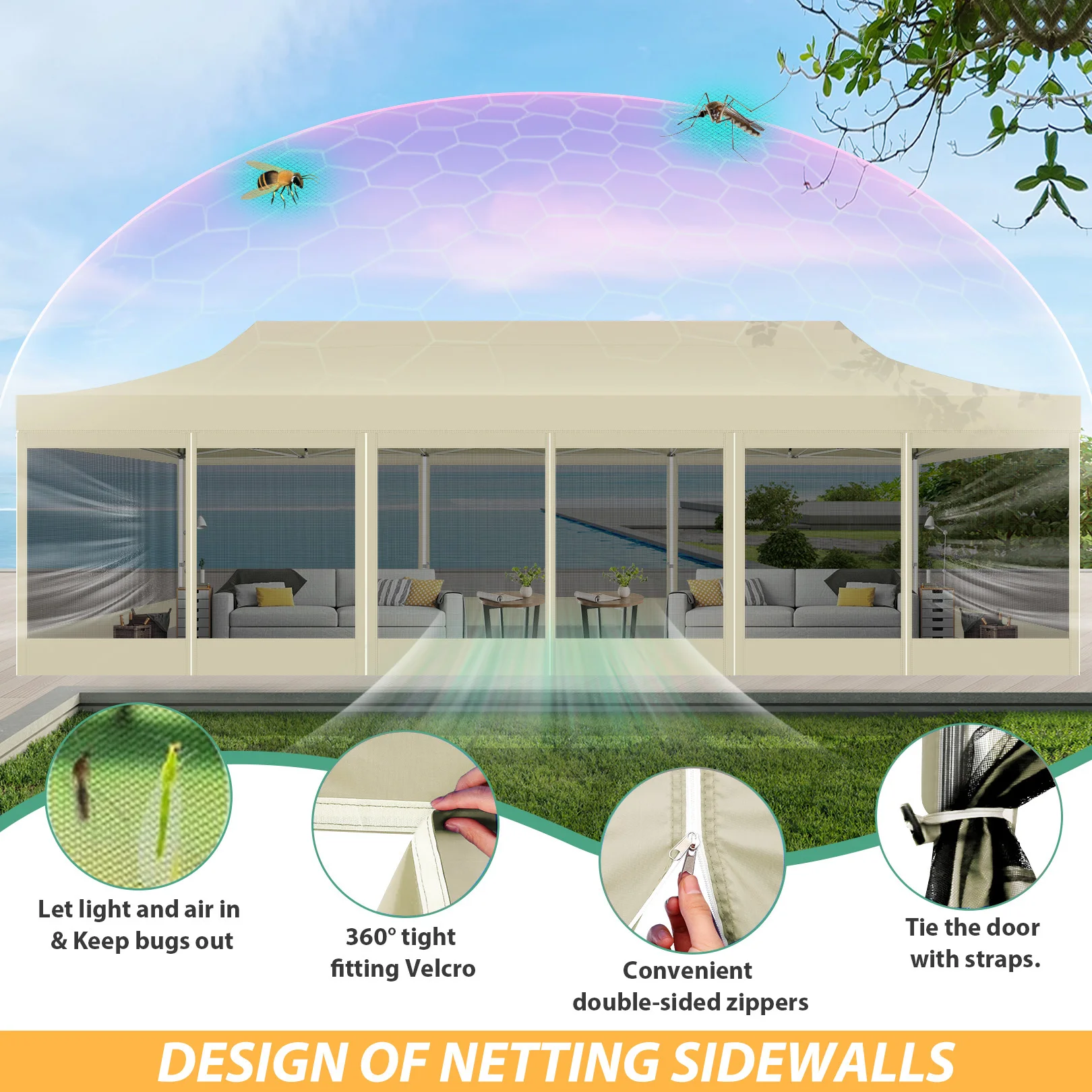 خيمة بمظلة 10 × 30 قدم مع 8 جدران جانبية، خيمة حفلات بمظلة منبثقة شديدة التحمل مع شبكة ناموسية، مظلة شاشة سهلة الحجم للحفلات #5