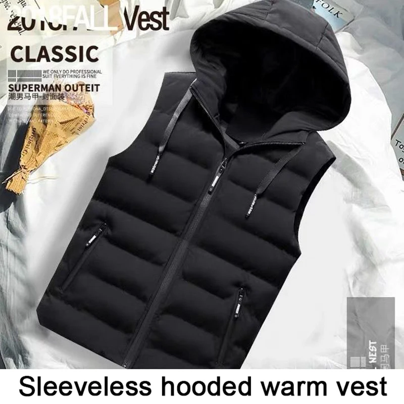 

2022 New Thicken Vest Men Winter Warm Hooded Cotton-Padded Hooded Solid Color Waistcoat Plus Size M-4XL 5XL 3XL