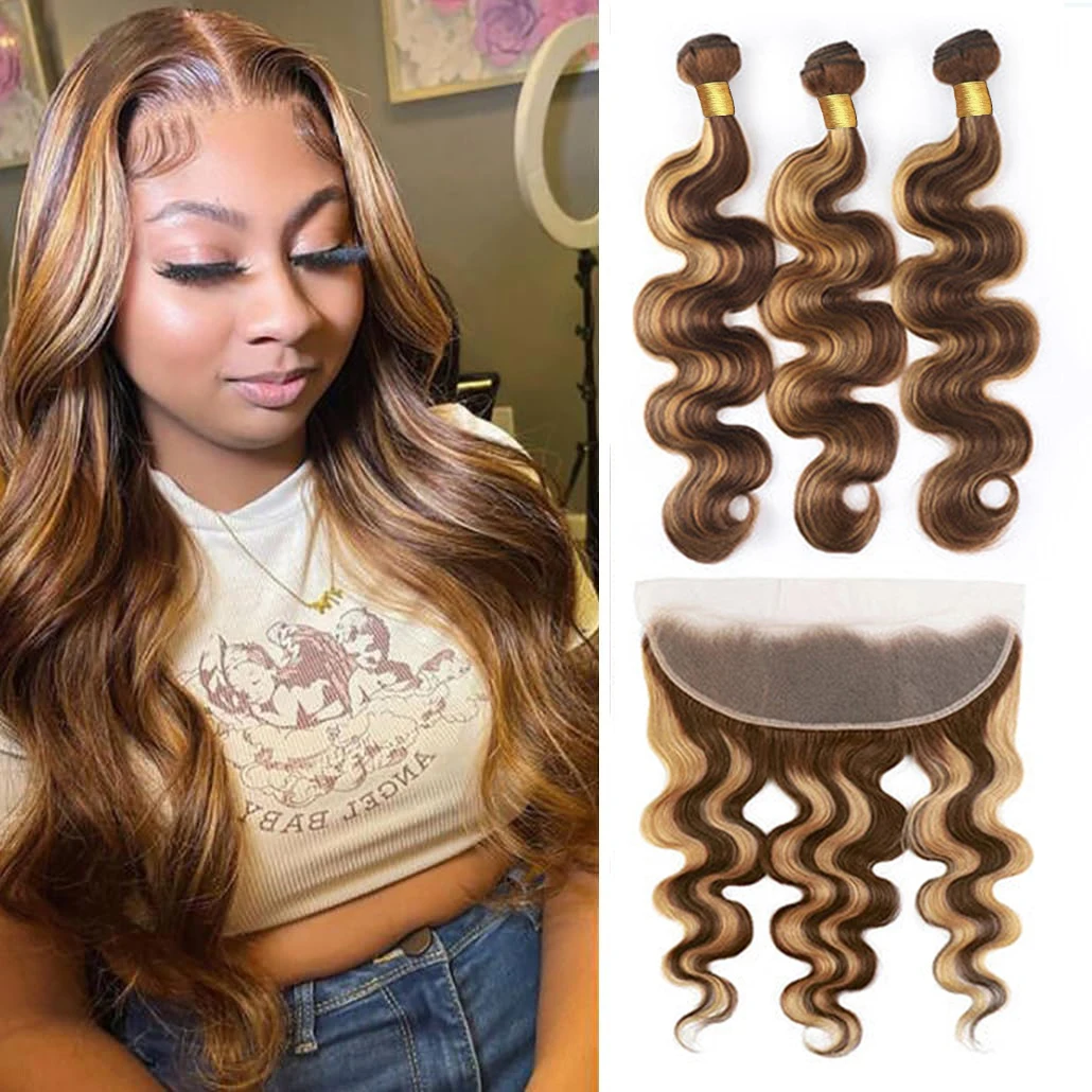 

Body Wave Human Hair Bundles with Frontal Honey Blonde Highlight 100 Virgin Brazilian Remy Hair 3 Bundles with 13x4 Lace Frontal