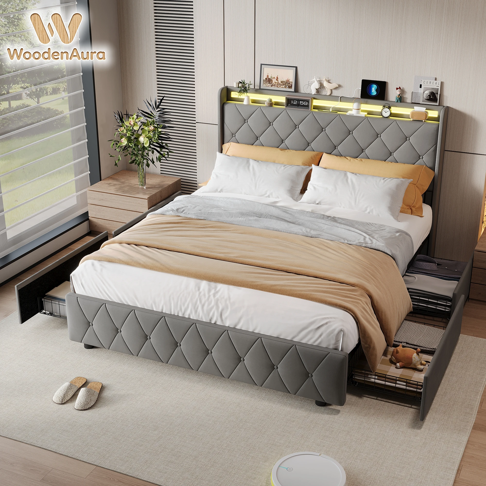 WoodenAura Cama 140x200 cm, con tira de luz LED y 4 cajones, puerto de carga, somier de láminas, terciopelo, gris.