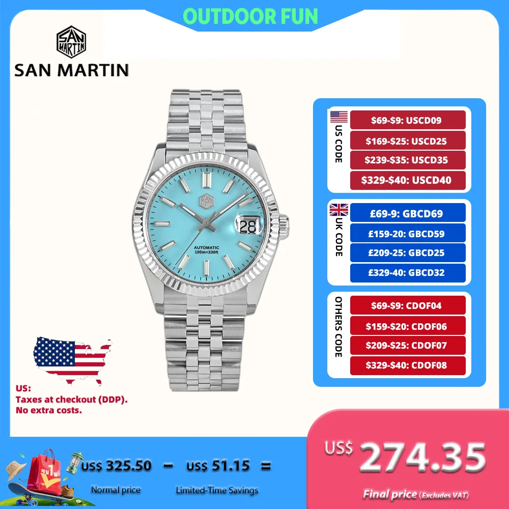 

Часы San Martin для мужчин, механические часы, водонепроницаемые наручные часы 36,5 мм, роскошные автоматические часы с датой, сапфировое стекло, 10 бар, SN0058x