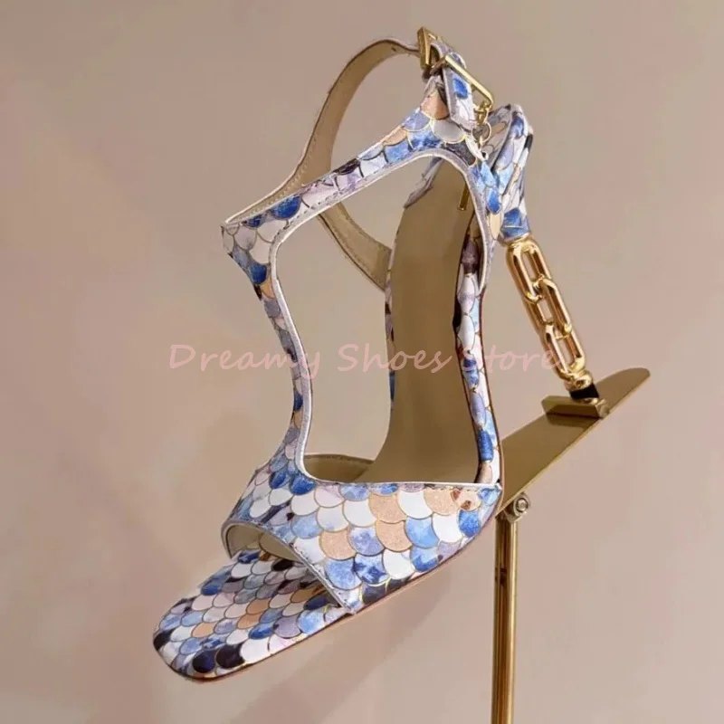 

Gold Snakeskin Chain Square Toe T-Tied High Heels Women Ankle Buckle Strap Strange Style Sandals Luxury Fashion Party Prom Shoes