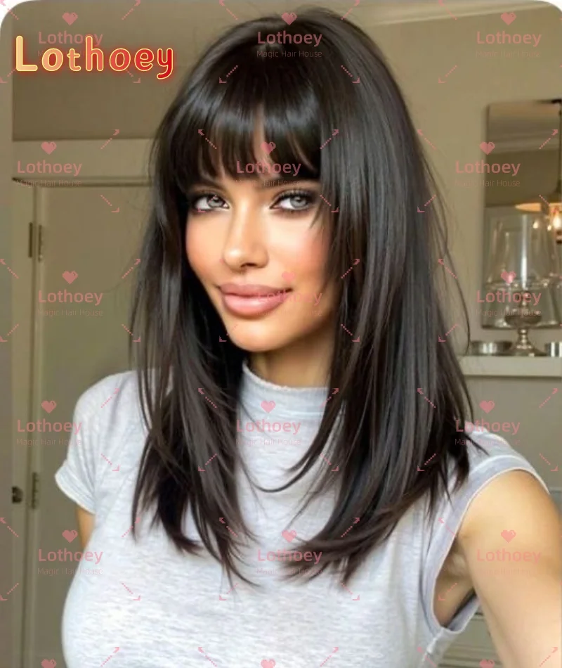 Черный парик с прямой челкой Натуральный блеск без клея Выделенный человеческий парик нескольких длин для чернокожих женщин Парик на шелковой основе Lothoey