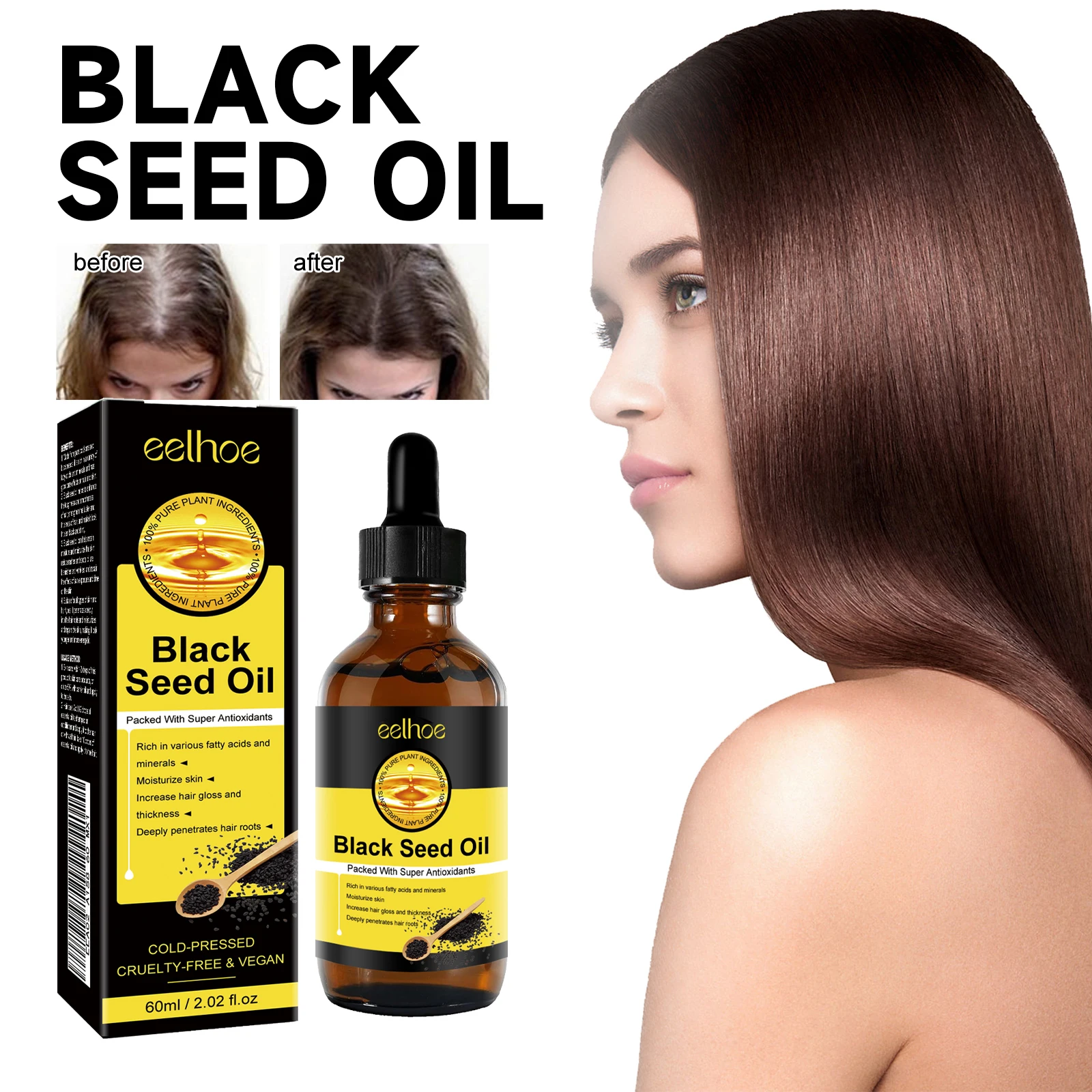 

Eelhoe 60ml Black Seed Oil Hair Care Serum Hair Growth Nourish Repair Baldness Strengthen Roots Massage Dense Hair Serum Oil
