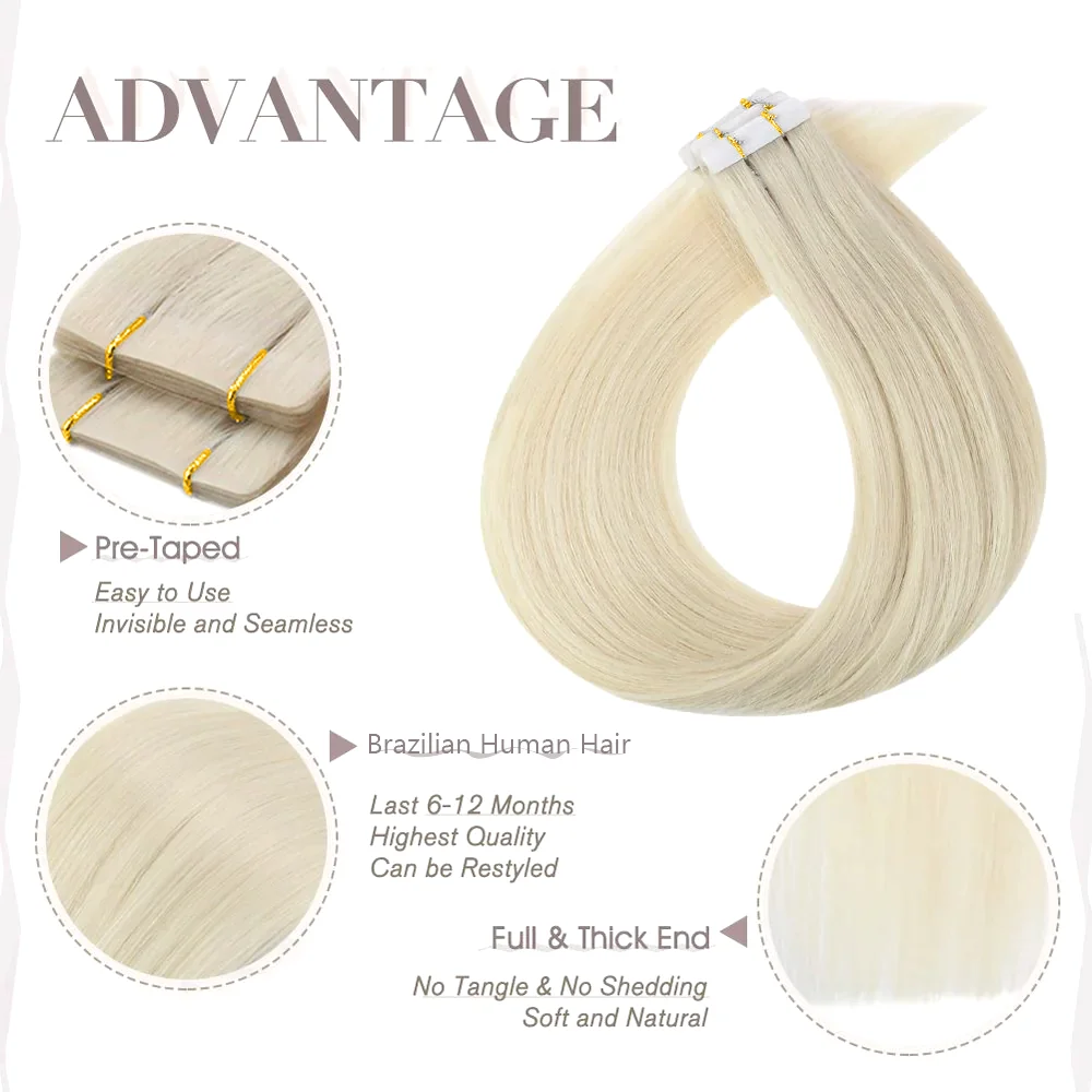 Tape in Straight Platinum Blonde Extensions Tape in Real Hair Extensions Blonde Human Hair Straight Thick Hair 20Pieces/50Grams