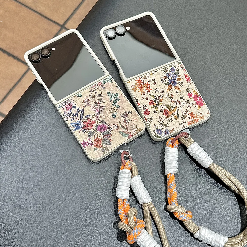 

Cute Flowers Leather phone case for Samsung Galaxy zflip 5 flip4 3 Z Flip 7 Flip 6 7FE Cover Korean INS Fundas Kawaii Cases