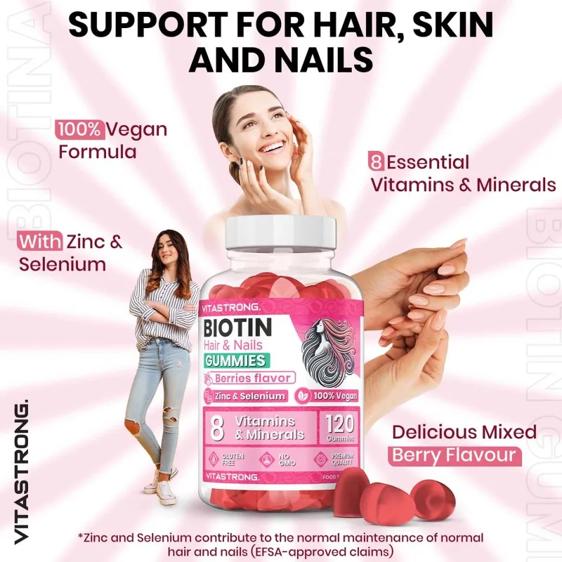 مركب فيتاسترونج بيوتين عالي الجرعات 100% نباتي - 120 علكة بيوتين للشعر والبشرة والأظافر مع الزنك والسيلينيوم وفيتامين C وفيتامين E وفيتامين ب6، يوديد البوتاسيوم يوديد الصحة ويقلل من التعب