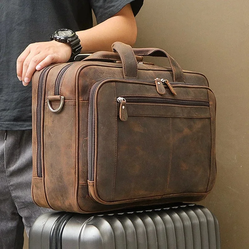 Hoge kwaliteit echt leer herenaktentas zakelijke tas Crazy Horse lederen grote 17" inch laptoptas mannelijke portfolio kantoortas - afbeelding 2
