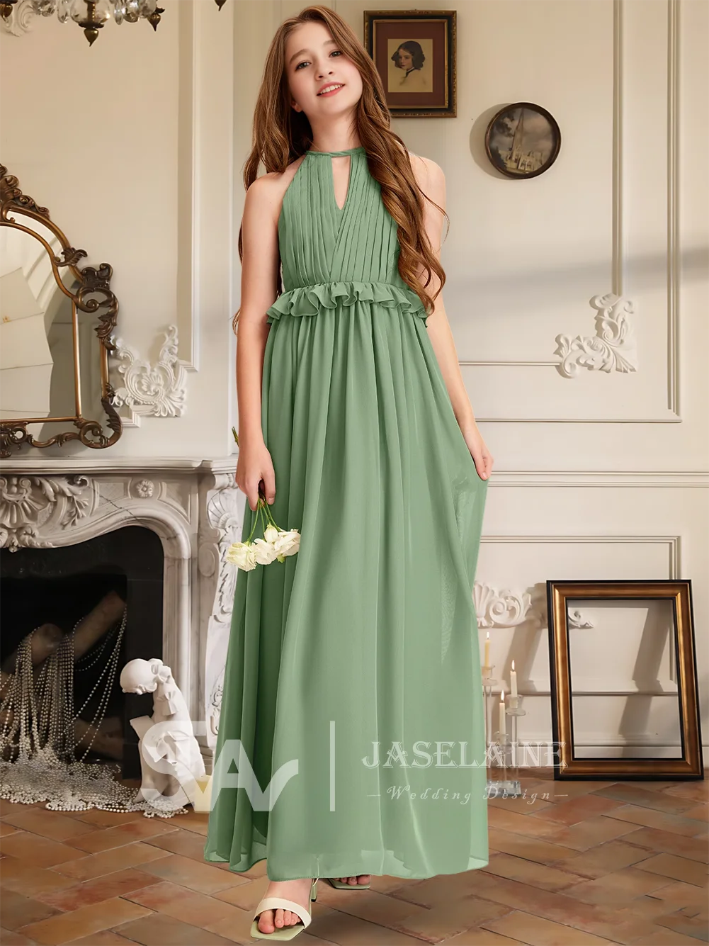 Um elegante azul marinho a linha halter até o chão chiffon júnior vestido de dama de honra vestido da menina de flor meninas festa de casamento formal crianças