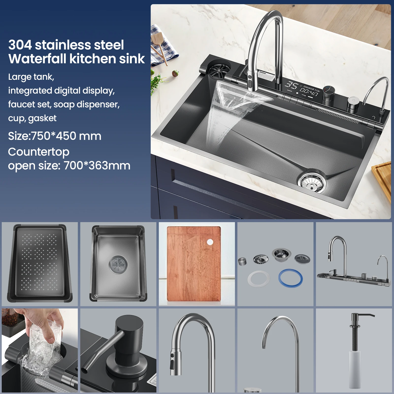 Waterval aanrecht van roestvrij staal 304, grote enkele sleuf, geïntegreerde digitale display, kraanset, zeepdispenser, bekerwasmachine