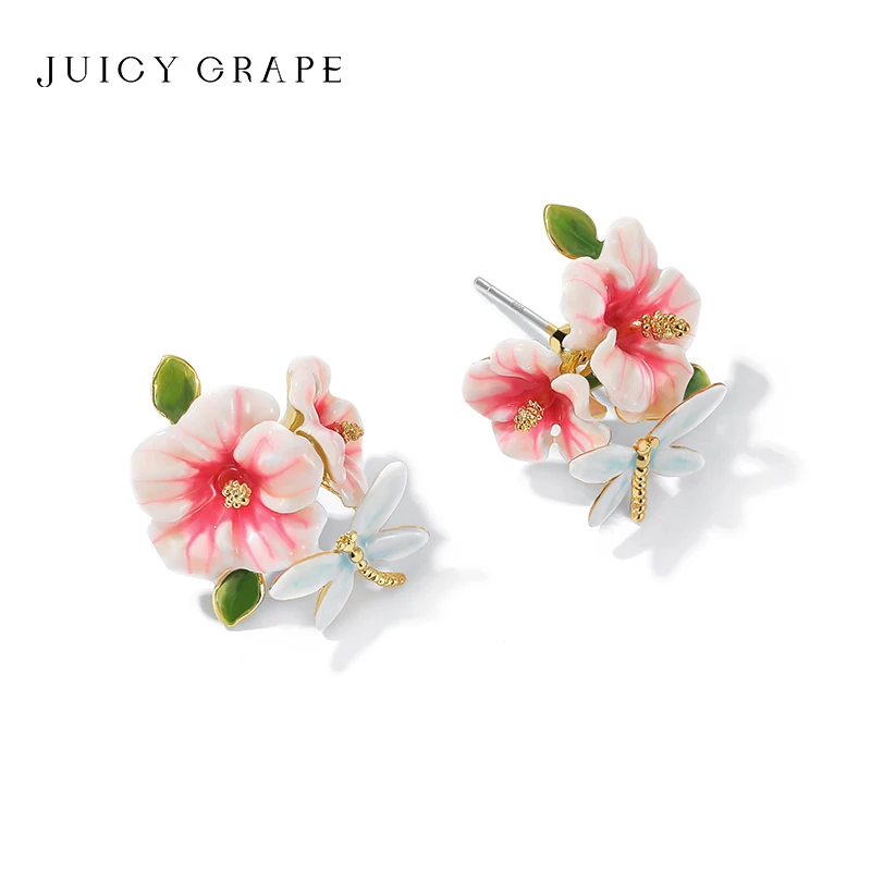 Juicy Grape 925 Sterling Silver Pin Earrings for Women Hibiscus and Dragonflies 2023New Exquisite Flower Earrings Enameled Craft