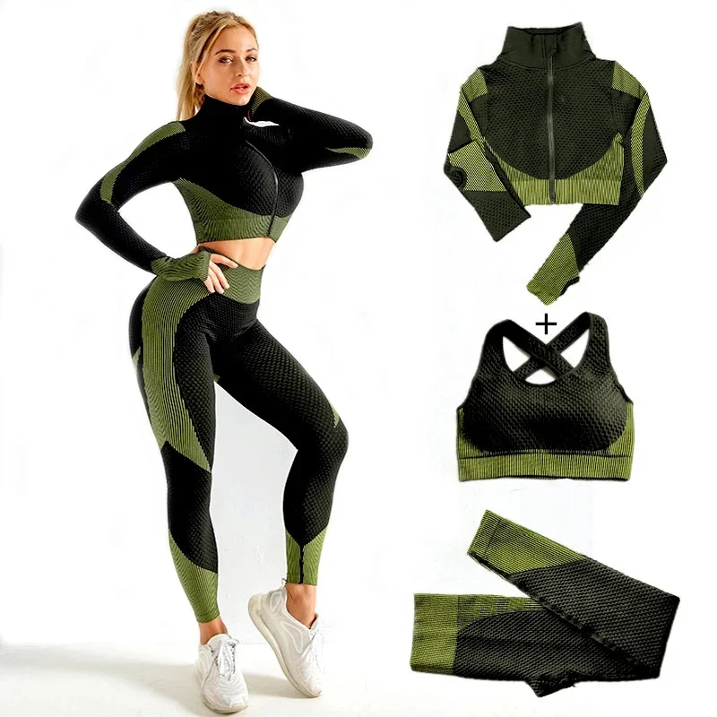 Damskie bezszwowe zestawy do jogi 2 szt./3 szt. Damski dres z zamkiem błyskawicznym z długim rękawem + stanik sportowy + legginsy dresy sportowe stroje do fitnessu rozmiar S-XL — zdjęcie 2