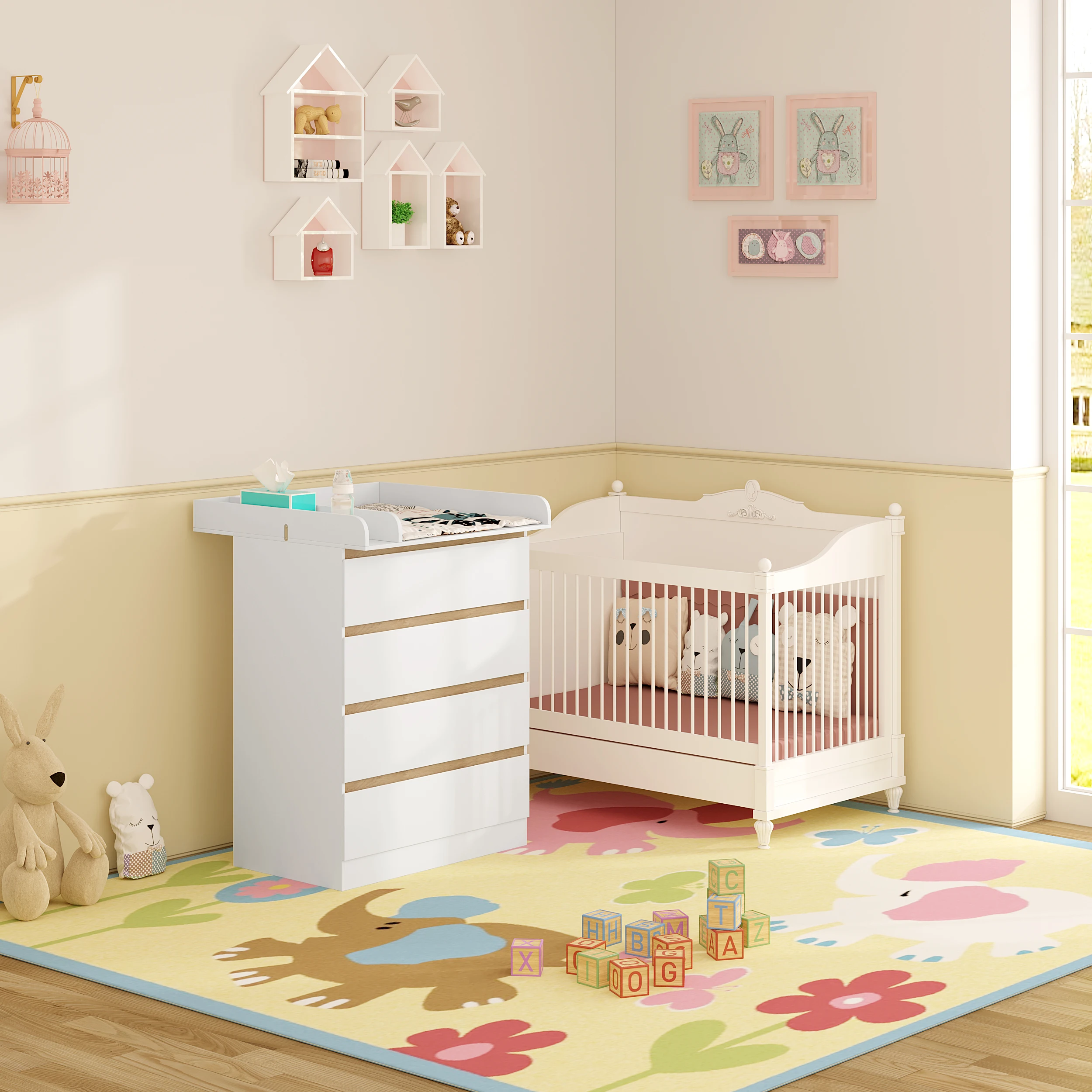 1 Juego de cambiador blanco con 4 cajones, 80x75x109,2 cm, cómoda, unidad de almacenamiento para bebé para habitación de niños