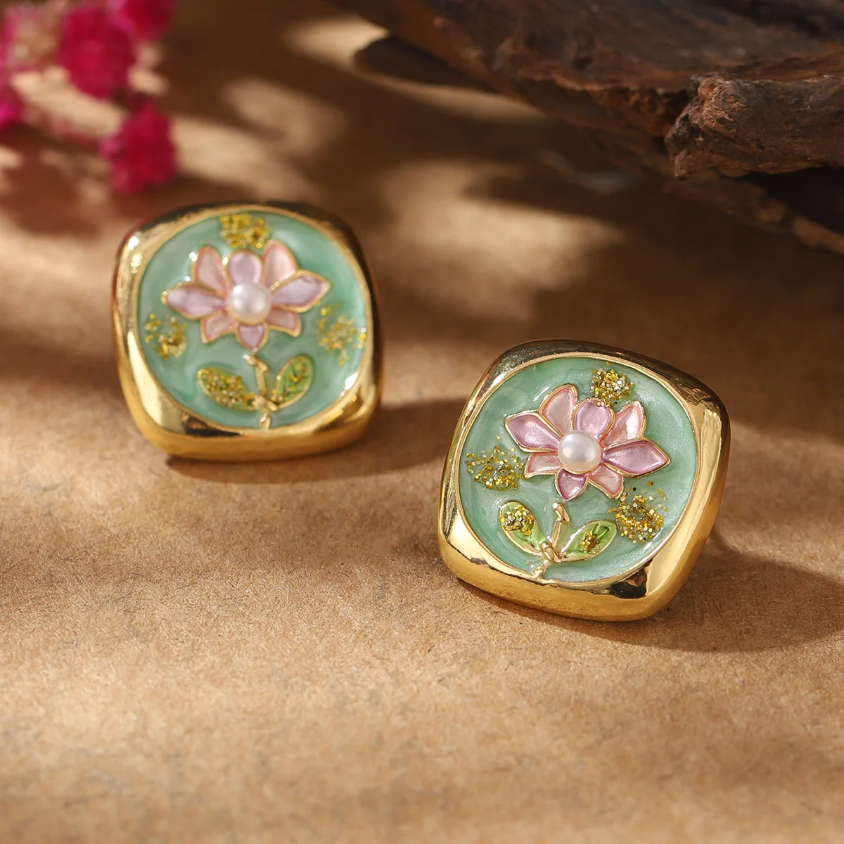 جديد أنيق النمط الصيني مطلية بالذهب زهرة اللوتس اللؤلؤ وأقراط للنساء موضة المينا مجوهرات هدية #4