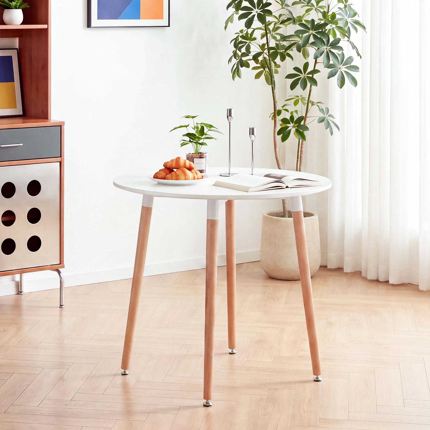 EGOONM Moderner runder Esstisch, 80 cm, weiße MDF-Tischplatte und Beine aus Massivholz, minimalistischer runder Esstisch für die Küche