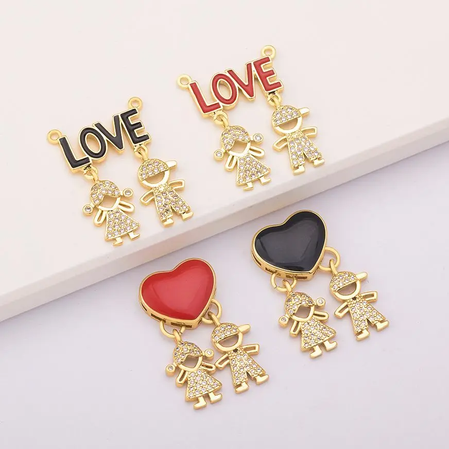 Fashion Son Daughter Heart Gold Color Cubic Zirconia Family Girl Boy Pendant Necklace Copper DIY Handmade Jewelry Mother Gift