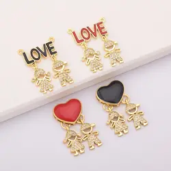 Fashion Son Daughter Heart Gold Color Cubic Zirconia Family Girl Boy Pendant Necklace Copper DIY Handmade Jewelry Mother Gift