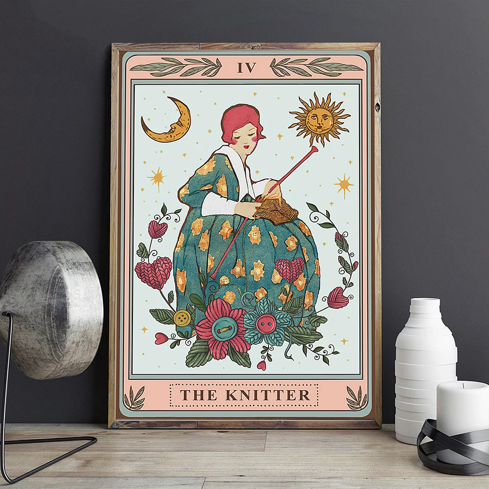 The Knitter Tarot Card Poster Mythology Decor Wall Art Pictures  Canvas Painting Sun Moon Flower Yarn Tarot Living Room Decor