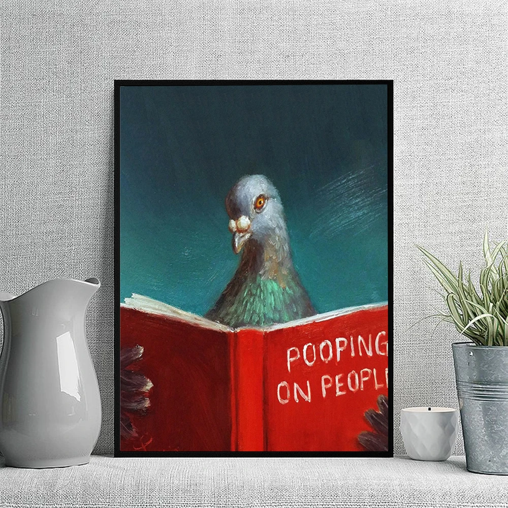 Pigeon Bird Reading Book Bathroom Funny Humorous Pet Canvas Painting Pooping On People Poster Wall Art Picture Toilet Decor