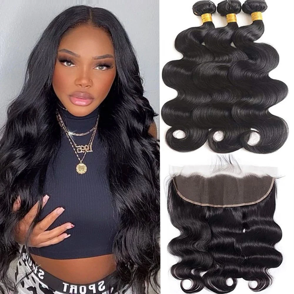 Human Hair 3 Bundels Met Frontale Body Wave Brazilian Human Hair 3 Bundels Met 13X4 Transparante Kant Frontale Sluiting Body Wave