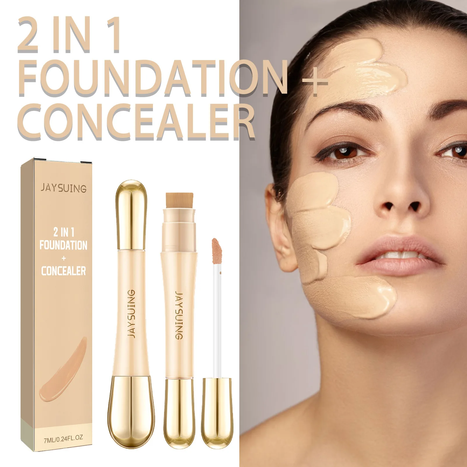 Jaysuing 7ml 2in1 Concealer Foundation Makeup Pen Dark Circle Cover Blemish Long-Lasting Concealing Face Brightening Contouring