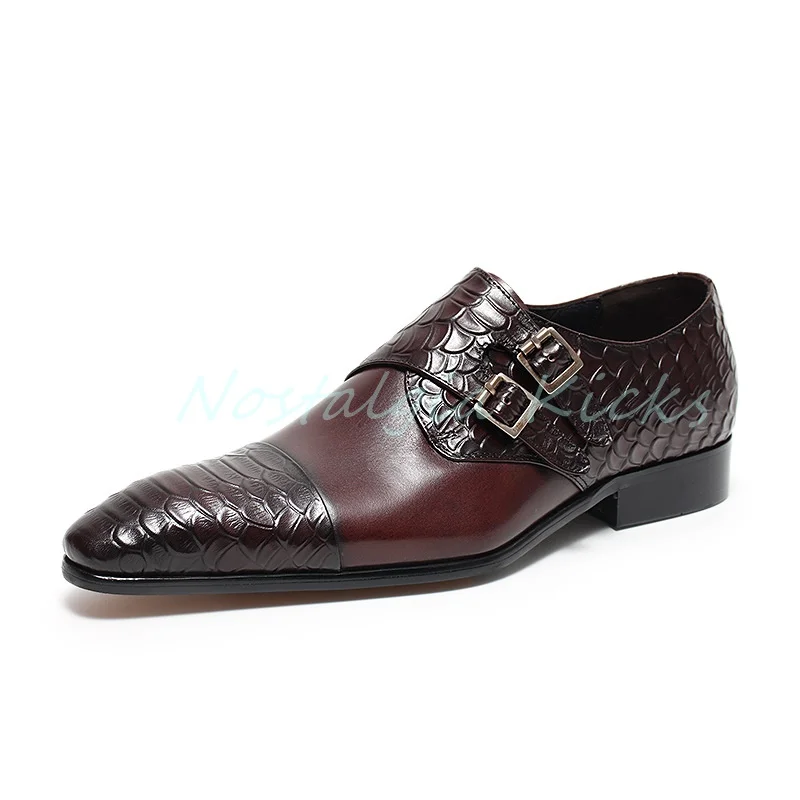 Chaussures de luxe Crocodile en relief à Double boucle pour hommes, chaussures Oxford d'affaires formelles à bout pointu en cuir véritable, rouge vin