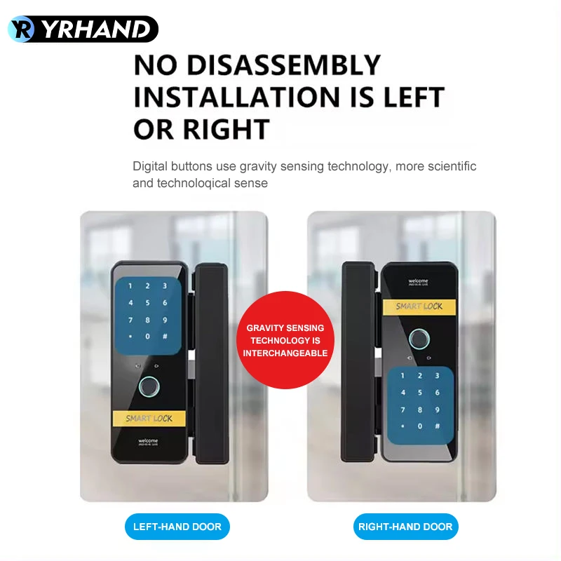 YRHAND Automatic tuya app Keyless Entry fingerprint Glass Smart Hook Lock with key For office framess Sliding Door