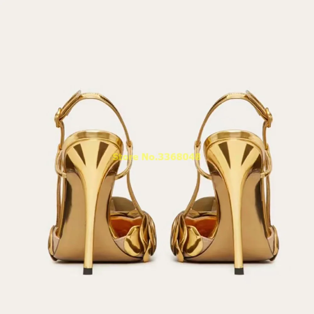 2024 Summer Gold Pumps Flower Back Strap Sexy Pointy Toe Stiletto Thin High Heel Fashion Women Shoes High Heel Pumps