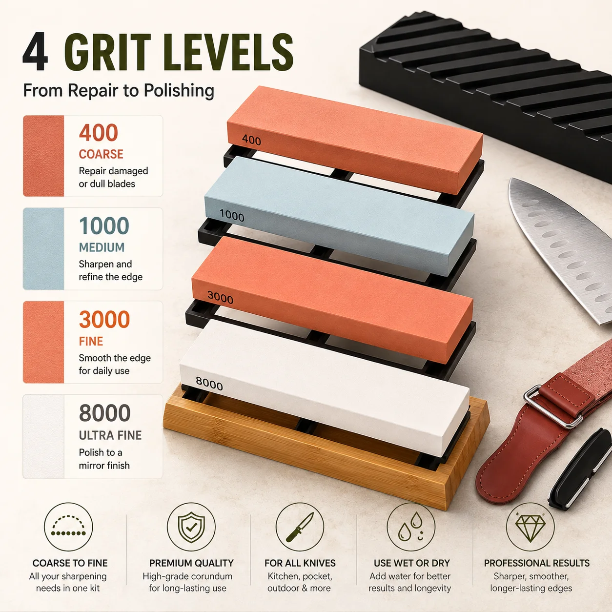 Knife Sharpening Stone Kit, 4 Grit Whetstone 400 1000 3000 8000 with Bamboo Base, Leather Strop and Knife Sharpening Tools