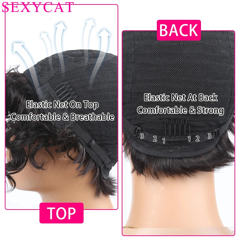 Sexycat 99J Burgundy Pixie Cut Wigs For Black Women Bob Peruvian Short Curly Human Hair Wigs Side Bangs Natural Wavy Wigs