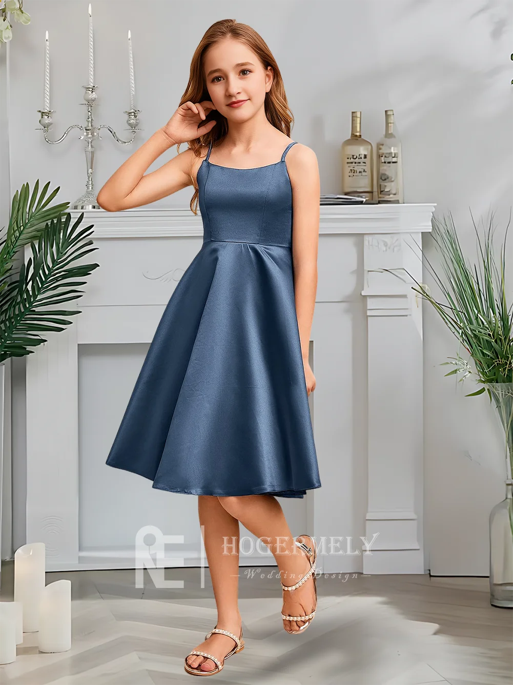 Платье трапециевидной формы для юных подружек невесты, платье с цветочным узором для девочек, атласное платье с овальным вырезом до колена, детское платье для девочек, свадебная вечеринка, официальное мероприятие