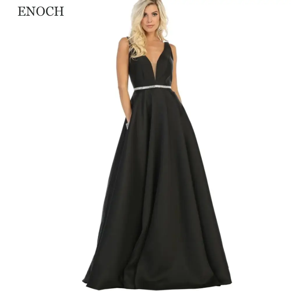 

ENOCH V-Neck Sleeveless Beaded Prom Dresses A-Line Satin With Pockets Party Dresses Open Back Robes De Soirée Custom Made 2023