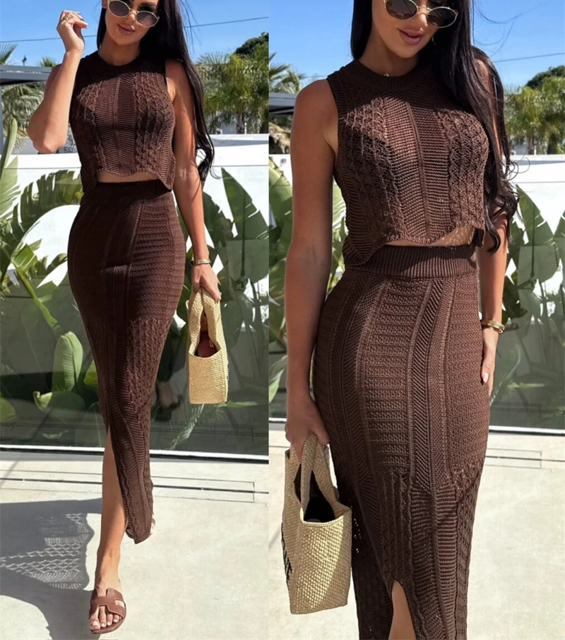 2 PCS High Slit Long Knit Dress Beach Crochet Swimsuit Sexy Sleeveless Crop Top and Skirts Bikini Cover-up Women Summer Swimwear