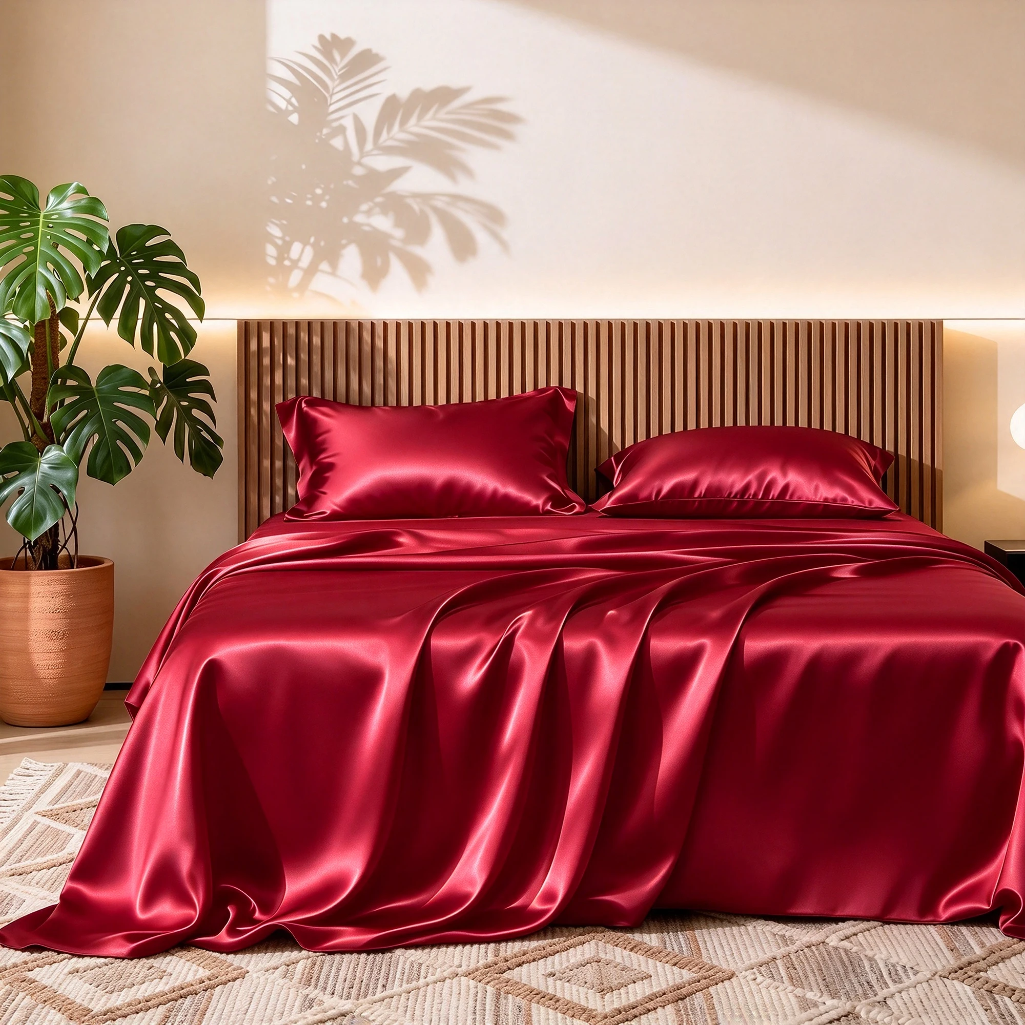 Burgundy Solid Color 4 Piece Bed Sheet Set, Deep Pocket Smooth Bedding , Elegant Luxurious Bed Cover, All Season Soft Bedroom Bedding Set, Stylish Solid Bed Linen for Home Bedroom Decoration