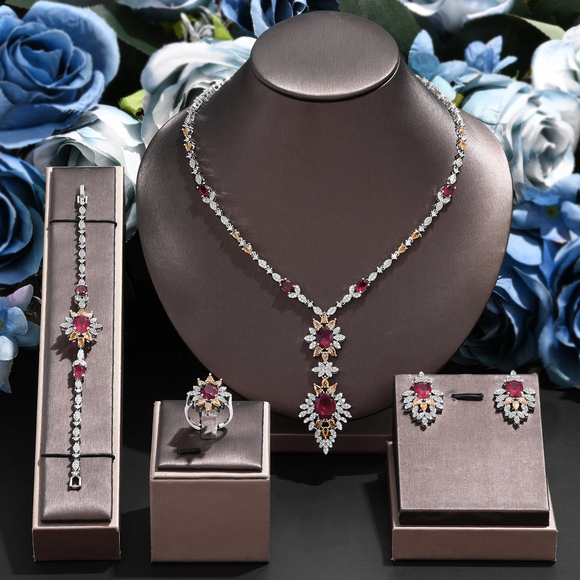 2024 Dubai 4 Piece Gorgeous Bridal Zirconia Jewellery Set Saudi Arabia Fashion Women's Wedding Necklace and Earrings Sets