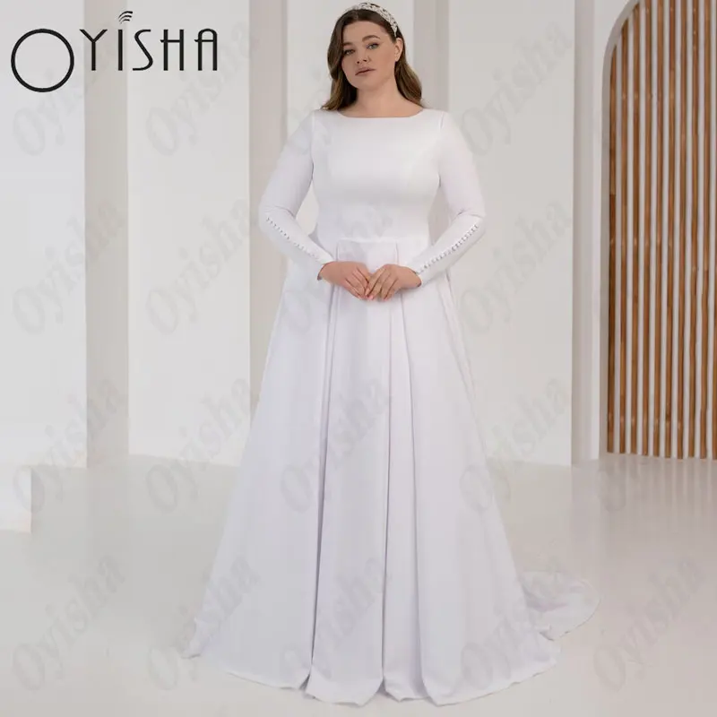 OYISHA-Robes de mariée A-Line Scoop pour femmes, simple, manches longues, satin, patients, quoi que ce soit, sexy, dos nu, exquisOyisha a - word robe de mariée Slim manches longues satin robe de mariée pour les femmes