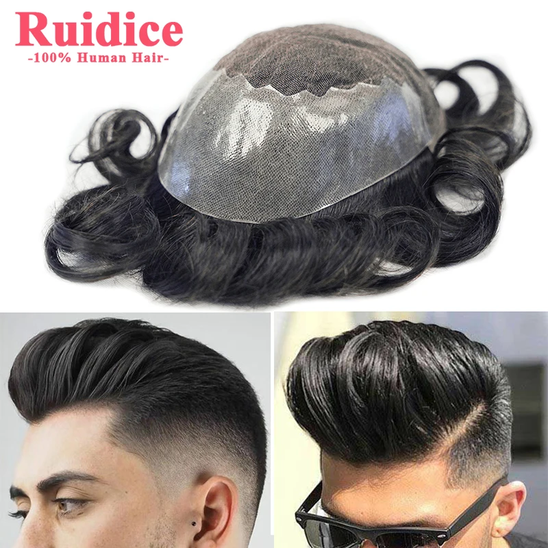 Thin Skin PU Natural Hair Men Toupee Human Hair Men Wig Replacement Systems Hair Piece Protesis Capilar Hombre Male Wig with Lac