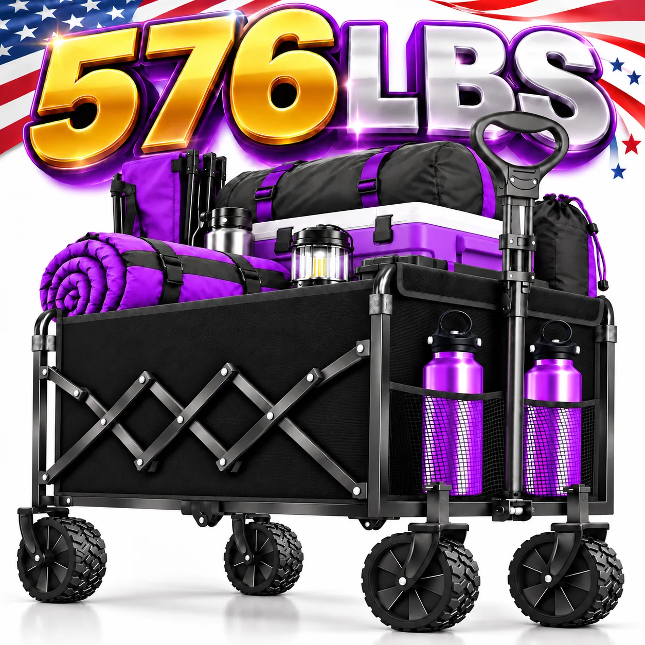 576/460LBS Heavy Duty Folding Wagon Cart, All-Terrain Utility Wagon with Reinforced Steel Frame, 600D Oxford Fabric, Adjustable Telesping Handle & 360° All-Terrain Wheels for Camping, Shopping, Garden & Outdoor Use