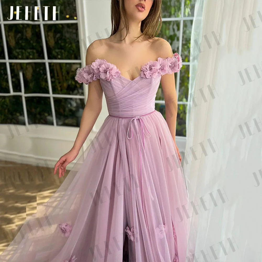 JEHETH Luxury 3D Flowers Pink Prom Party Dress Women Princess High Split Evening Gown Open Back Floor Length Robes De Soirée