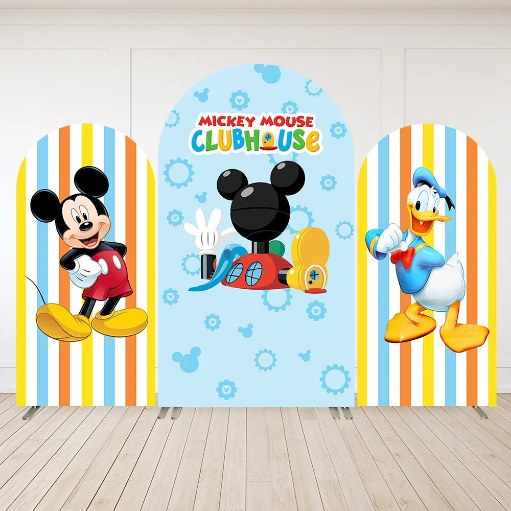 

Disney Mickey Mouse Clubhouse Party Arch Backdrop Wall Colorful Stripes Donald Duck Boy Baby Shower Birthday Arched Cover Banner