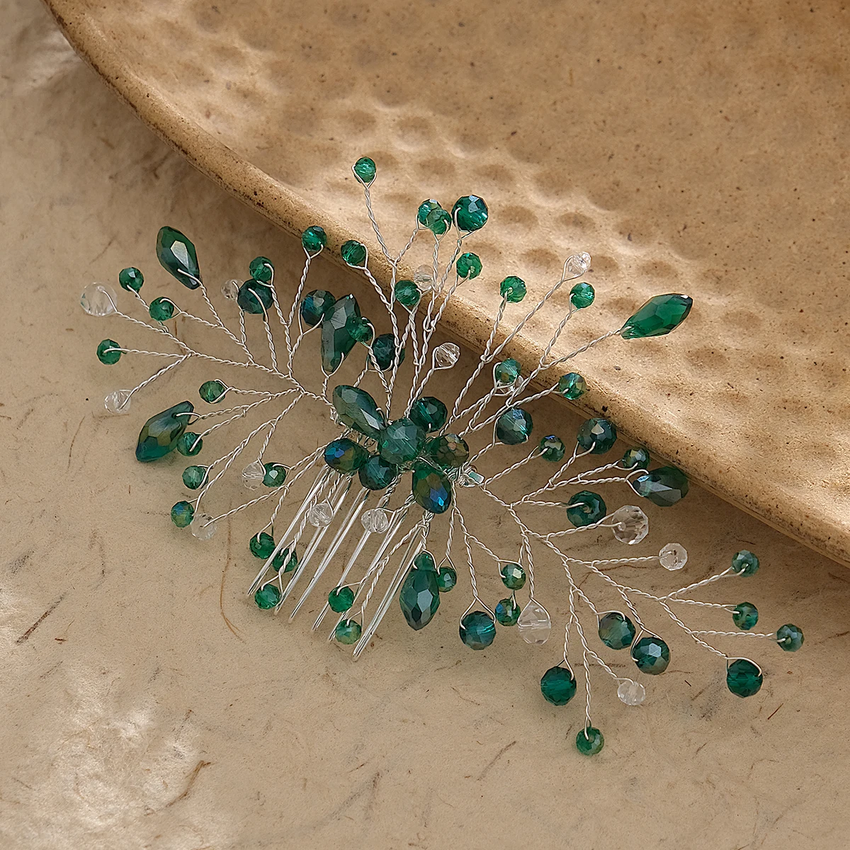 Emerald Green Crystal Wedding Hair Comb Silver Hand-wired Bridal Headpiece Vintage Hair Accessories for Women Prom Party image 4