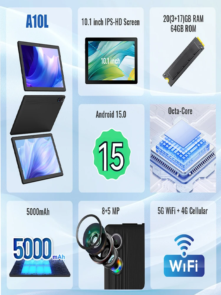 Android 14 Tablet 10 inch 12GB RAM 64GB ROM uitbreidbaar tot 1TB WIFI6 Widevine L1 GMS 5000mAh Stylus Toetsenbord Muis Hoofdtelefoon Case Set - afbeelding 2