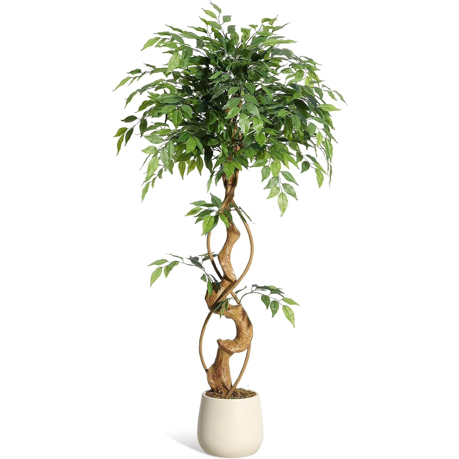 Arbre artificiel Ficus de 120 cm (4 pieds), plante artificielle réaliste en soie dans un pot, feuilles en soie réalistes avec troncs courbés pour la décoration de la maison, du salon ou du bureau, pré-planté avec du mousse pour une entretien instantanée
