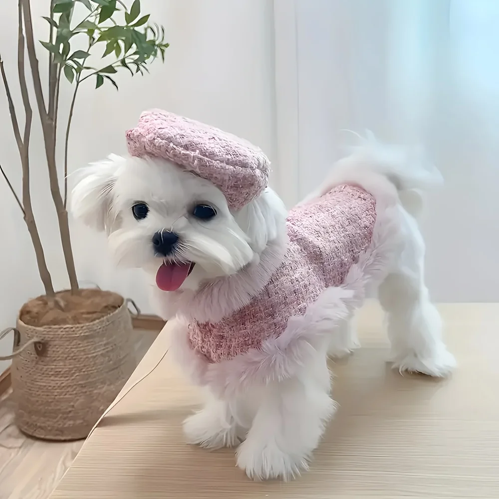 Small and medium-sized dog pink plush cloak adjustable jacket with D-ring traction rope fashionable hat suit set for cats and do